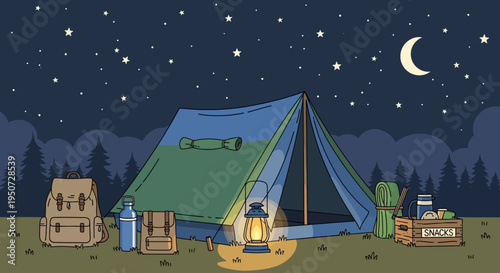 Camping Under Starry Night Sky with Tent and Gear