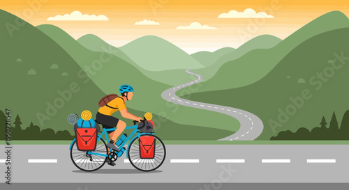 Cyclist on scenic mountain road with luggage