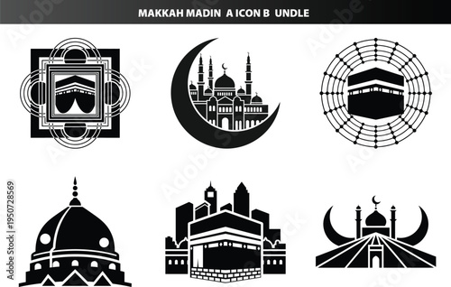 Islamic icons of kaaba and mosques, holy sites of makkah and madinah, black and white