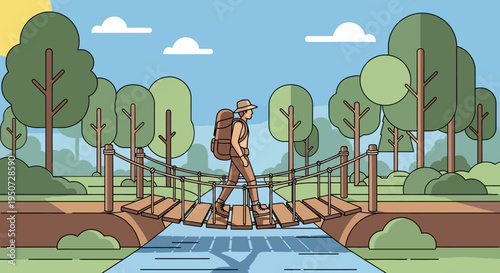 Hiker crossing suspension bridge in forest