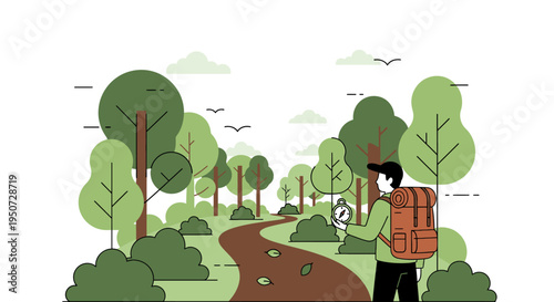 Hiker navigating through forest with backpack and compass