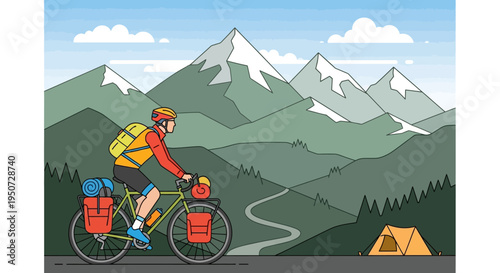 Cyclist on mountain road with tent and camping gear