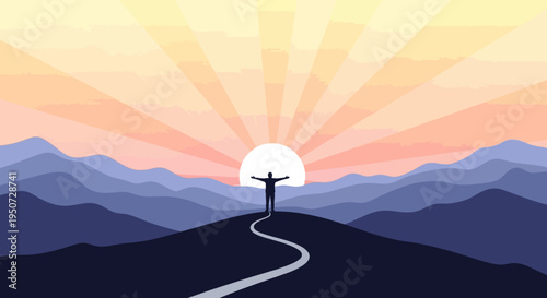 Man standing on hill with arms outstretched at sunrise