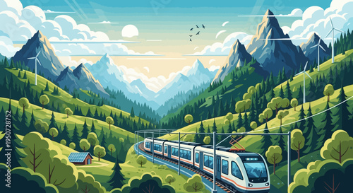 Electric train travels through green valley with mountains