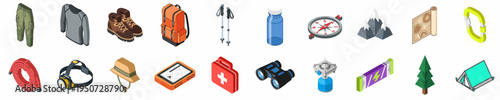 Isometric Collection of Hiking and Camping Gear Icons Including Backpack, Tent, Boots, and Navigational Tools for Outdoor Adventure Illustration