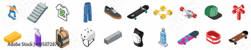 Comprehensive Collection of Isometric Skateboarding Gear, Street Fashion, and Urban Skate Spot Icons