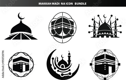 Islamic religious icons kaaba and mosques of makkah, madinah, holy sites