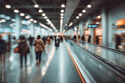 Blurred motion of people walking in a modern airport terminal with moving walkways.