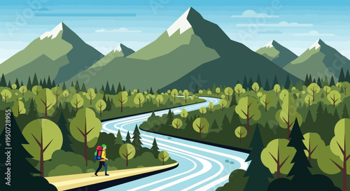 Hiker walking along serene river with mountains