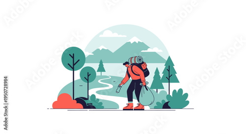 Hiker with backpack walking on mountain trail