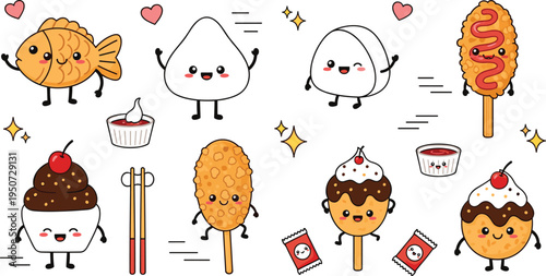 Cute Japanese Street Food Cartoon Characters Set with Onigiri, Takoyaki, Corn Dog, Taiyaki and Sweet Desserts for Kawaii Food Illustration