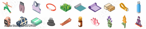 Comprehensive collection of isometric yoga and wellness icons featuring fitness gear, exercise equipment, relaxation items, and individuals performing various yoga poses.