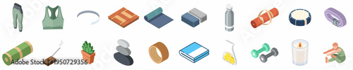 Set of isometric yoga and fitness icons featuring equipment like mats, blocks, dumbbells, incense, and a person practicing yoga on white background.