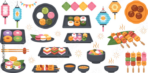 Asian Street Food Festival Set with Sushi, Mochi, Dango, Skewers, Lanterns and Traditional Desserts for Japanese Cuisine Celebration Illustration
