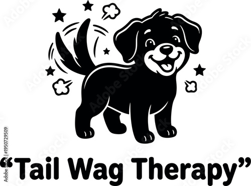Smiling happy dog wagging tail with stars around playful cheerful expression tail wag therapy vector art