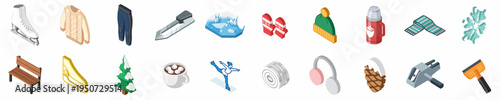 Collection of Isometric Winter Sports and Ice Skating Icons Including Clothing, Equipment, and Seasonal Objects for Graphic Design and Illustrations