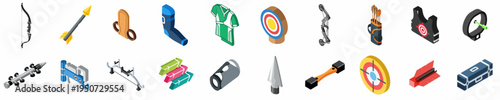 Isometric archery equipment icons set featuring bows, arrows, targets, and various accessories for sport and hobby, isolated on a white background.
