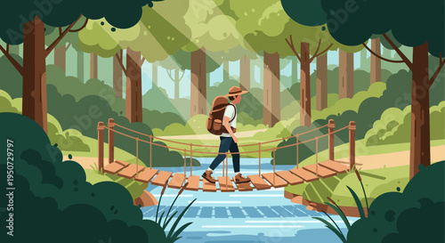 Hiker crossing suspension bridge in forest