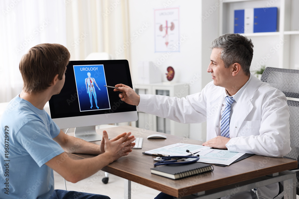 Obraz premium Urologist showing to patient picture of human circulatory system on computer at wooden desk in clinic