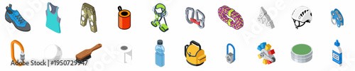 Comprehensive collection of isometric rock climbing and bouldering equipment icons, including harness, rope, carabiners, shoes, and safety gear, isolated on white.