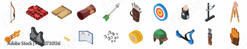 Isometric archery and hunting equipment set including bows, arrows, targets, clothing, and accessories for outdoor sports and recreational activities.