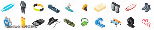 Isometric Collection of Surfing Equipment and Icons Including Surfboards, Wetsuits, Waves, and Various Accessories for Water Sports Enthusiasts.
