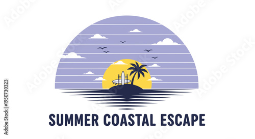 Vector summer coastal escape logo with palm tree and sunset