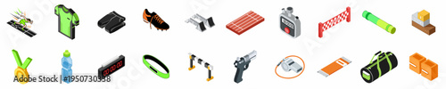 Comprehensive Isometric Collection of Athletics and Track and Field Sports Equipment Icons Featuring Gear, Competition Items, and Training Essentials.
