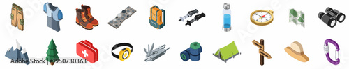 Isometric hiking and camping equipment icons collection featuring backpack, tent, boots, compass, and various outdoor survival gear on a white background.