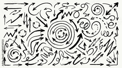 A dense arrangement of hand-drawn black arrows illustrates numerous directions, cycles, and chaotic movements across a light background.