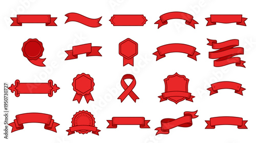 Collection of various red ribbon banners and award seals are displayed against a clean white background for graphic design elements.