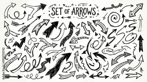 A large assortment of hand-drawn, sketchy black and white arrows pointing in multiple directions covers the entire white background surface.