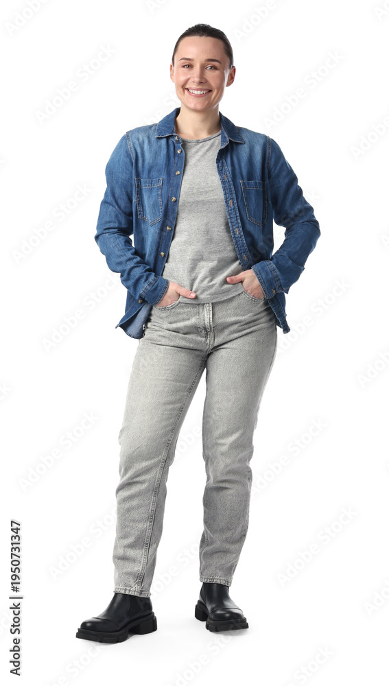 Fototapeta premium Happy long-haul truck driver on white background
