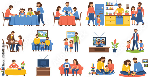 Family Daily Life Activities Vector Set with Parents and Children Eating Together, Watching TV, Cooking, Playing Toys, Walking Outside, and Happy Home Moments