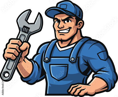 Cartoon Mechanic Holding Wrench