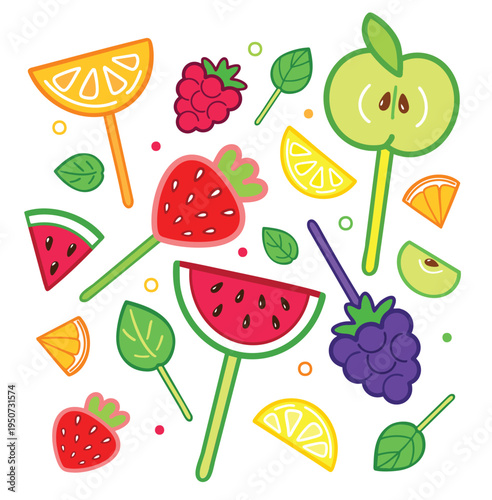 Cute fruit lollipop illustration with strawberry, watermelon, apple, citrus and berry candy elements in a bright playful cartoon style