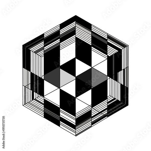 Black and white geometric hexagon shape.