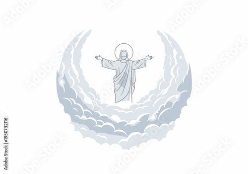 Stylized Illustration of Jesus Christ with Halo and Outstretched Arms in Clouds.