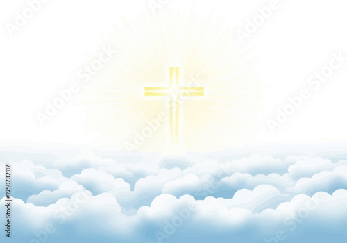 Radiant Golden Cross Shining Brightly Above Fluffy Clouds.
