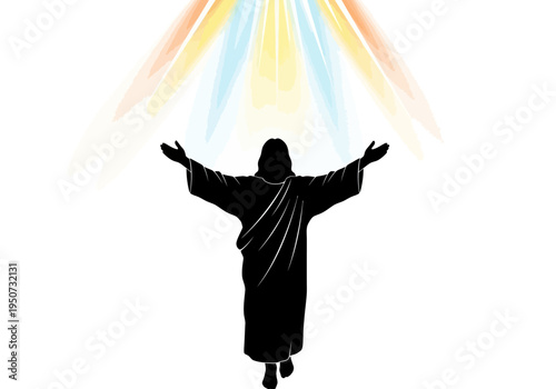 Jesus Christ silhouette with outstretched arms under colorful divine light rays.