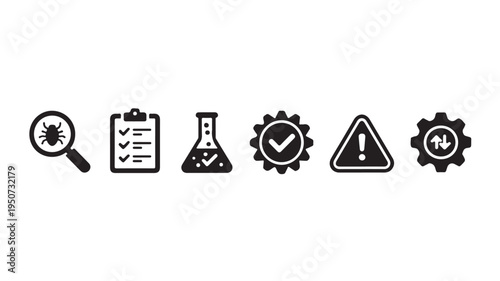 Quality Control and Troubleshooting Icons Set with Bug, Checklist, Beaker, Warning and Settings Symbols