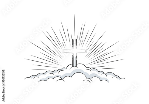 Stylized Christian cross with radiating light rays above clouds.
