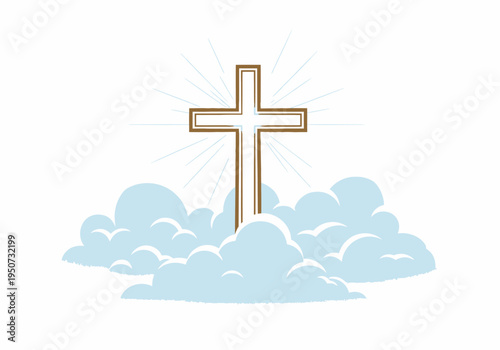 Stylized Christian cross with divine light rays and soft blue clouds.
