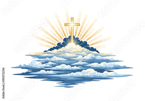 Golden Cross with Radiant Light Rays Emerging from Heavenly Clouds.