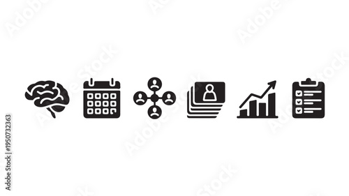 Business Strategy Icons Set with Brain, Network, Calendar, Profile and Graph for Corporate Planning