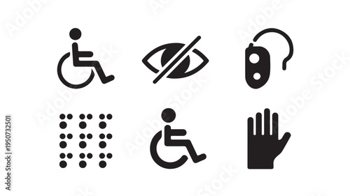 Accessibility Icons Set with Wheelchair Braille Hearing Aid Vision and Sign Language Symbols