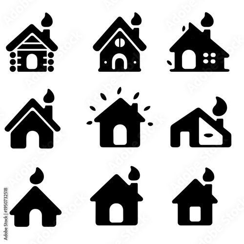Black house fire icons set on gray background for emergency and safety themes