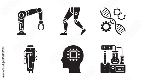 Robotics and Artificial Intelligence Icons Set with Robot Arm Microchip DNA and Automation Symbols