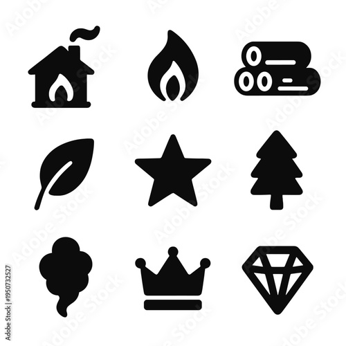 Black and white icons of home, nature, and luxury on gradient background