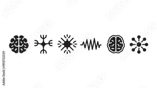 Brain Neuron Icons Set with Neural Network Connections Neuroscience and AI Technology Symbols